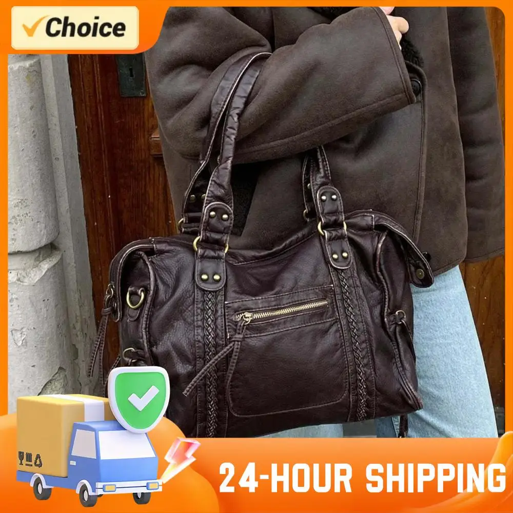 

Retro Motorcycle Bag PU Leather Single Shoulder Bag Large Capacity Top Handle Bag Women Work Travel Shopping Vintage Handbag