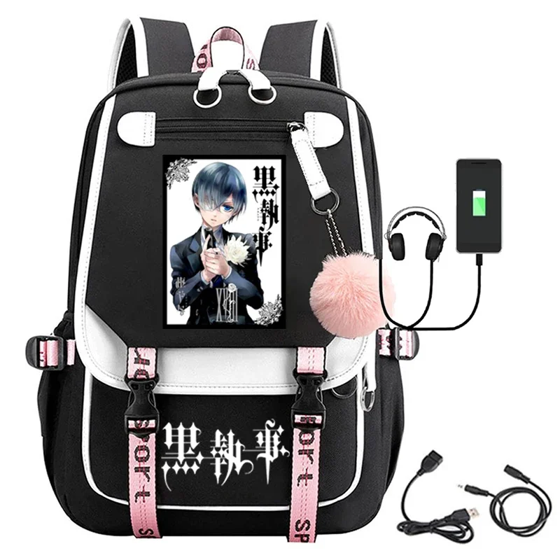 Black Butler Anime Plecak z portem USB Nylonowa książka szkolna Torby podróżne dla studentów Laptop Casual Duża torba kurierska