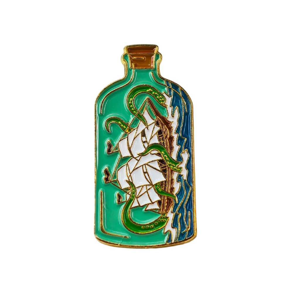 Green Drift Bottle Brooch Octopus Tentacle Badge Vintage Sailboat Enamel Pin Retro Ocean Legend Lapel Pin Bag Accessory Gift