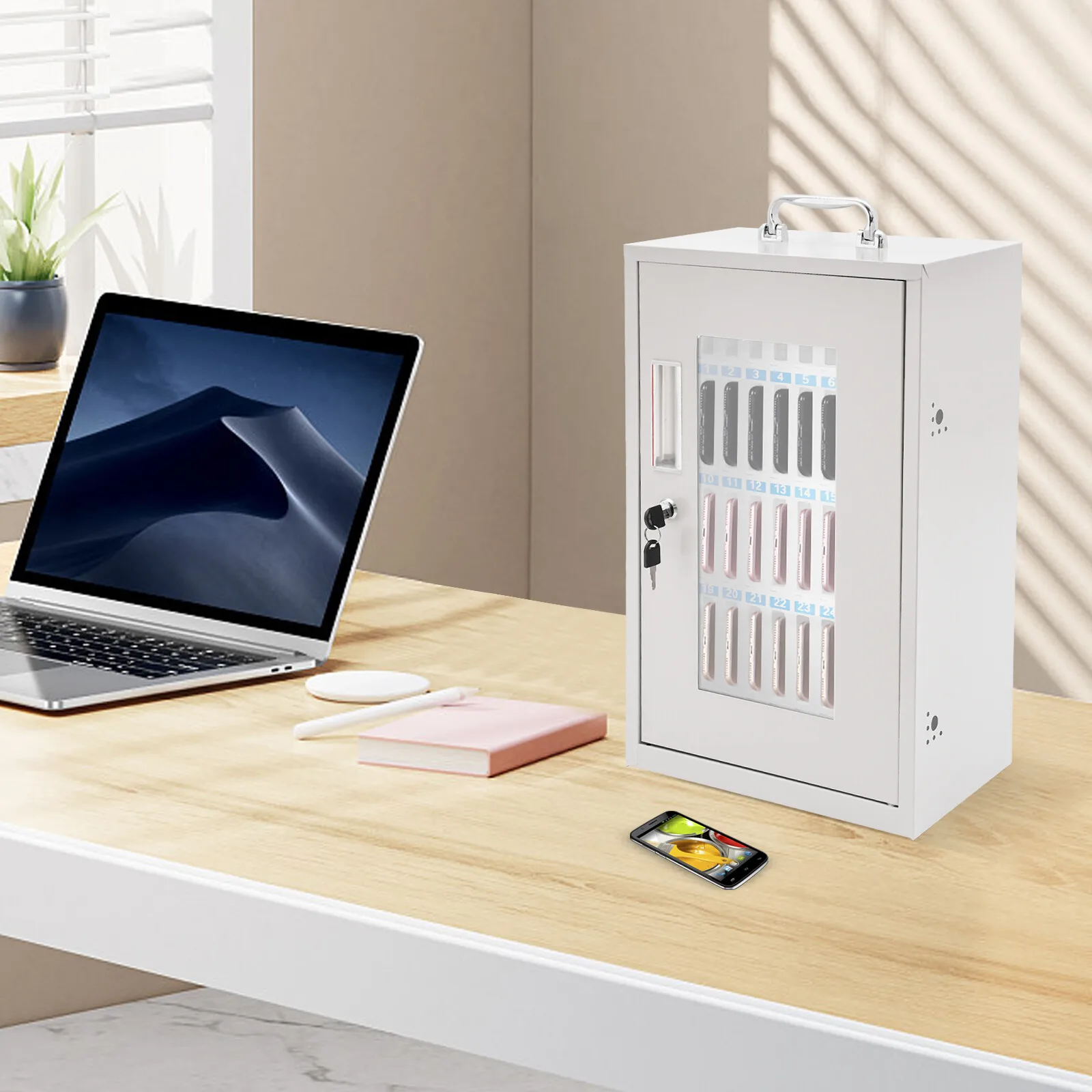 32*21cm  Rectangular Cell Phone Storage Cabinet Portable Wall-Mounted Aluminum Alloy Storage Cabinet Schools Classrooms 36 Slots