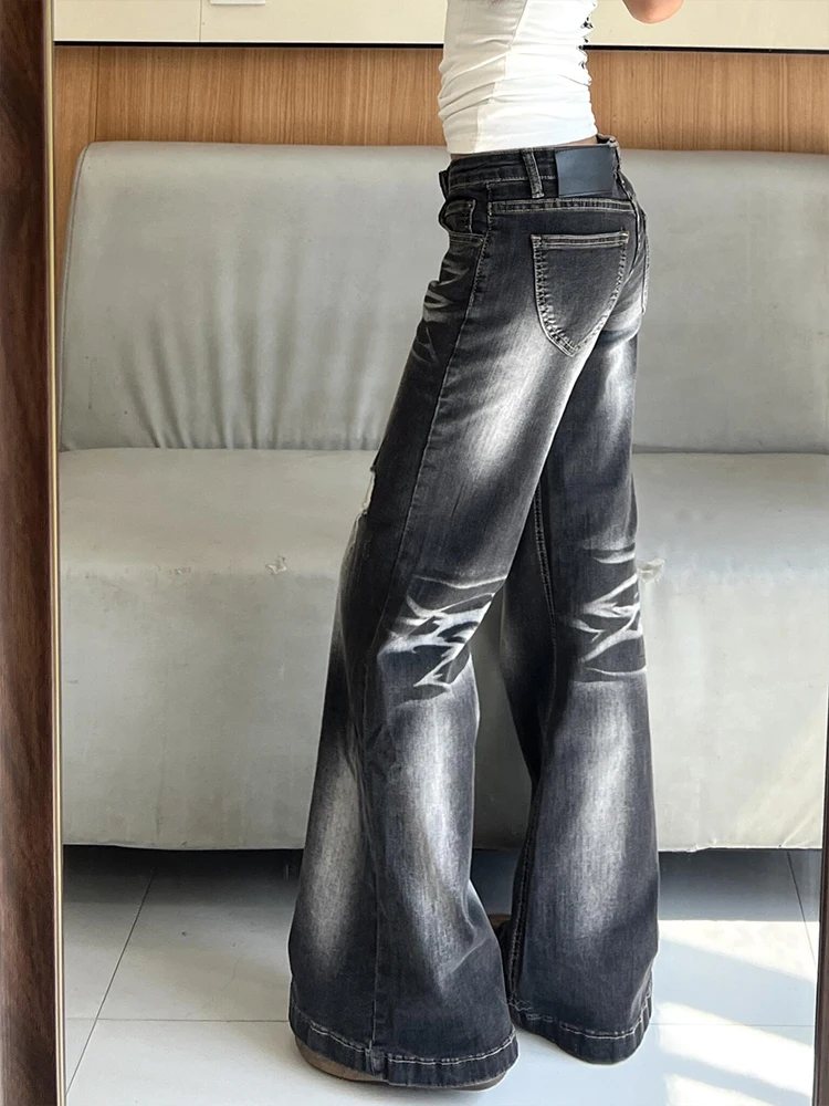 

Retro Low Waist Bell Bot Denim Jeans Women's ey Bla Hole Design Sensation Small ence Autumn Wide Leg Trousers