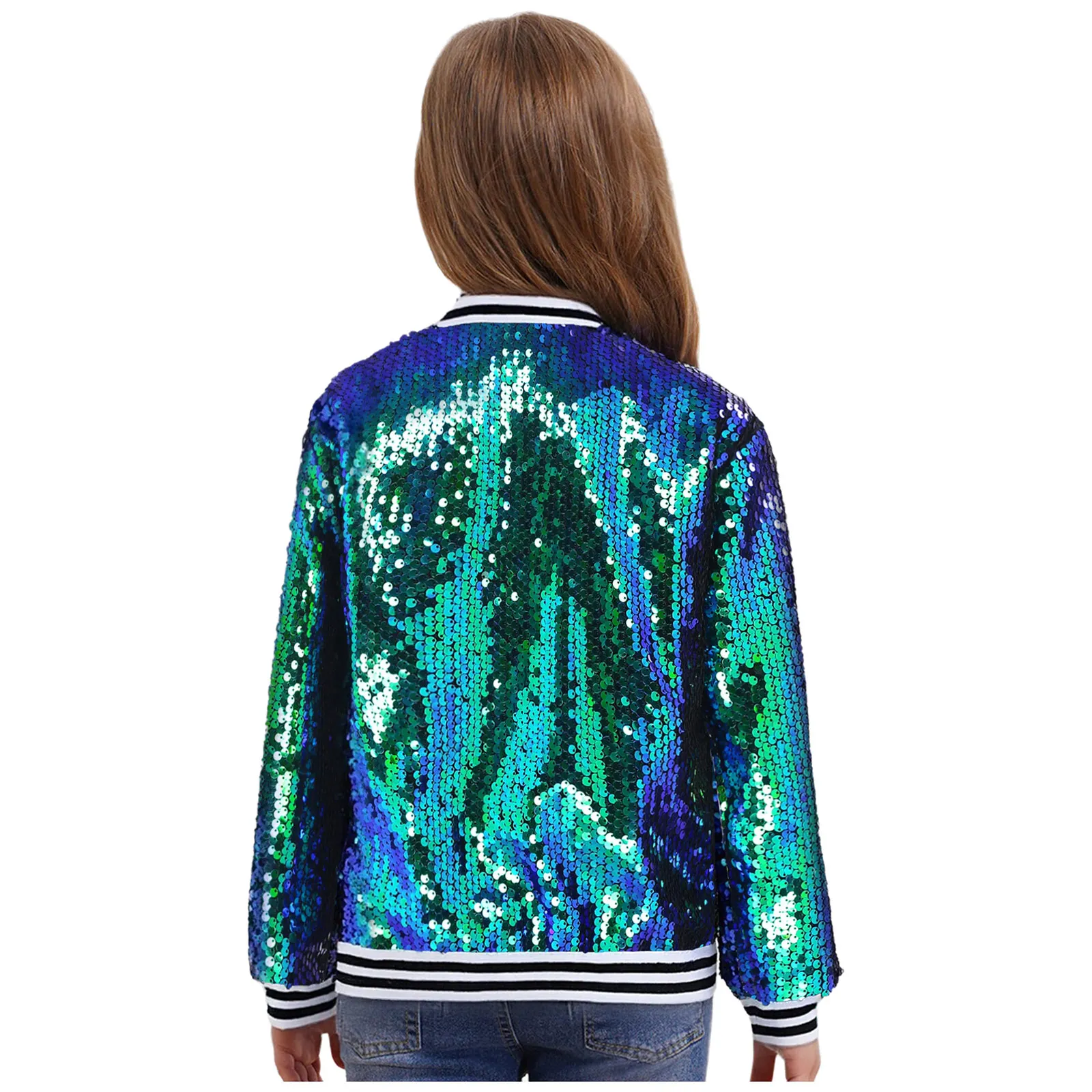 Kids Girls Hip Hop Jazz Dance Baseball Jacket Long Sleeve Zipper Shiny Sequin Bomber Coat Street Dancing Performance Costume