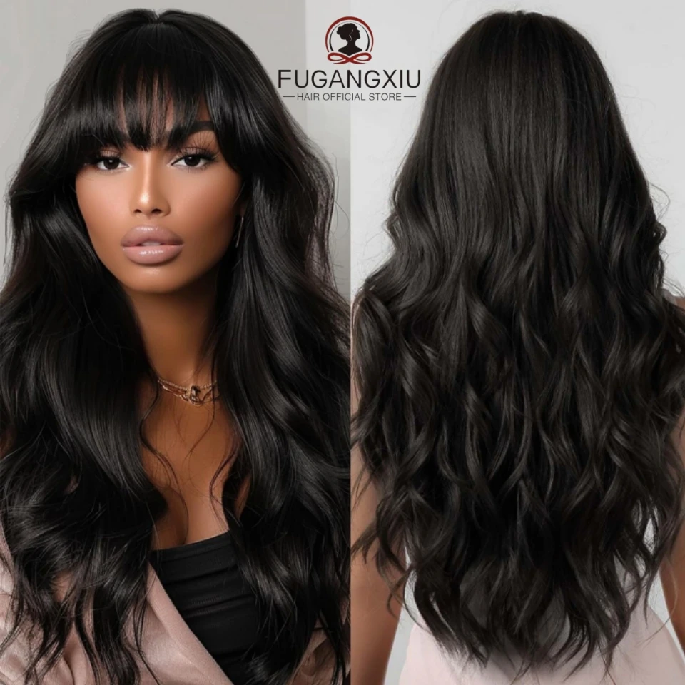 

FUGANGXIU-180% Density Loose Body Wave Full Machine Wig With Bangs Body Wave Human Hair Wigs Without Lace Wig Natural Black Wig