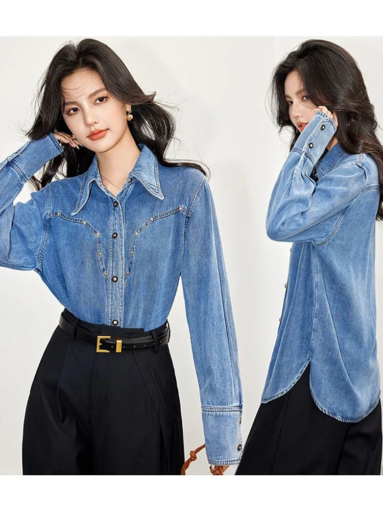 Denim Shirt For Women Undershirt For Niche Women, Top For Bottoming, And Outerwear For Women Shirts & Blouses Blouses For Lady