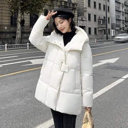 Women's Down Jacket Streetwear 2023 Winter New Korean Loose Plaid 90% White Duck down Hooded Coats Female Long Parka Overcoat