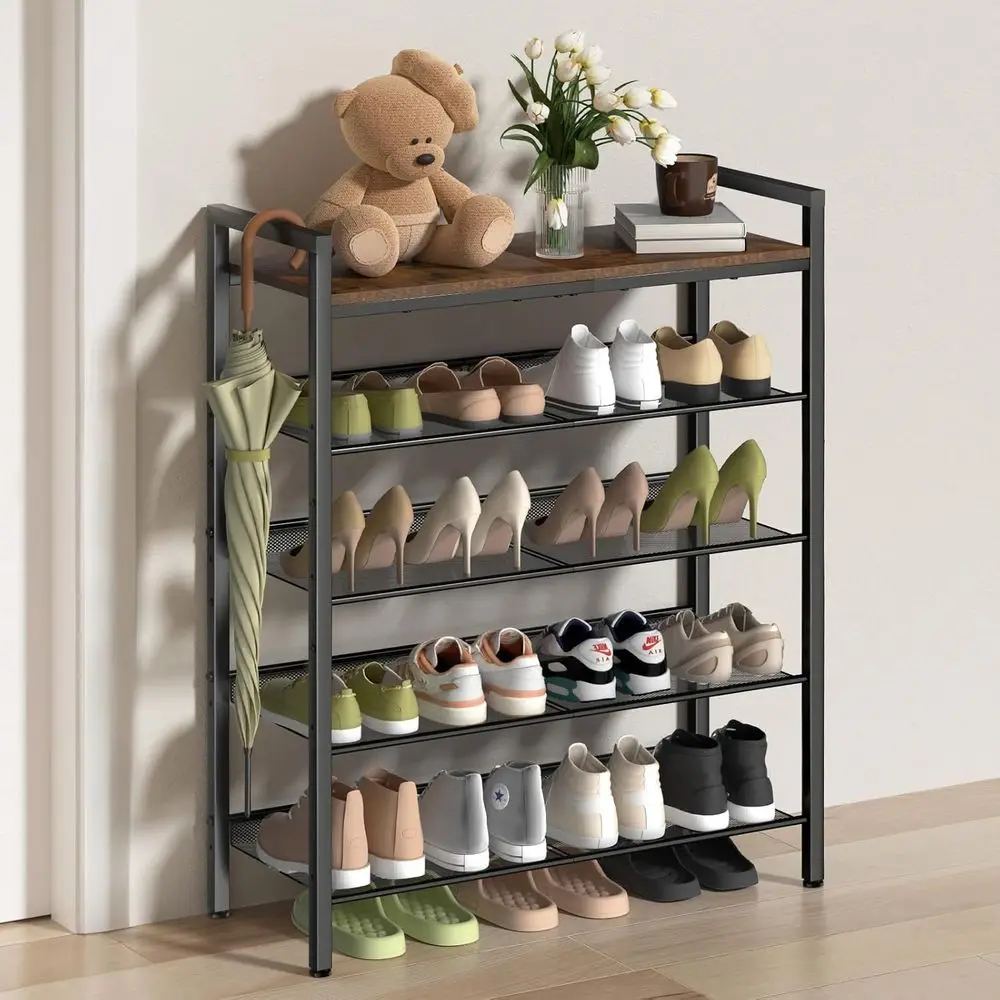 

5 Tier Shoe Rack or Entryway, Metal Shoe Rack Heavy Duty with Wooden Top & Adjustable Mesh Shelves, Shoe Storage Organizer or ro