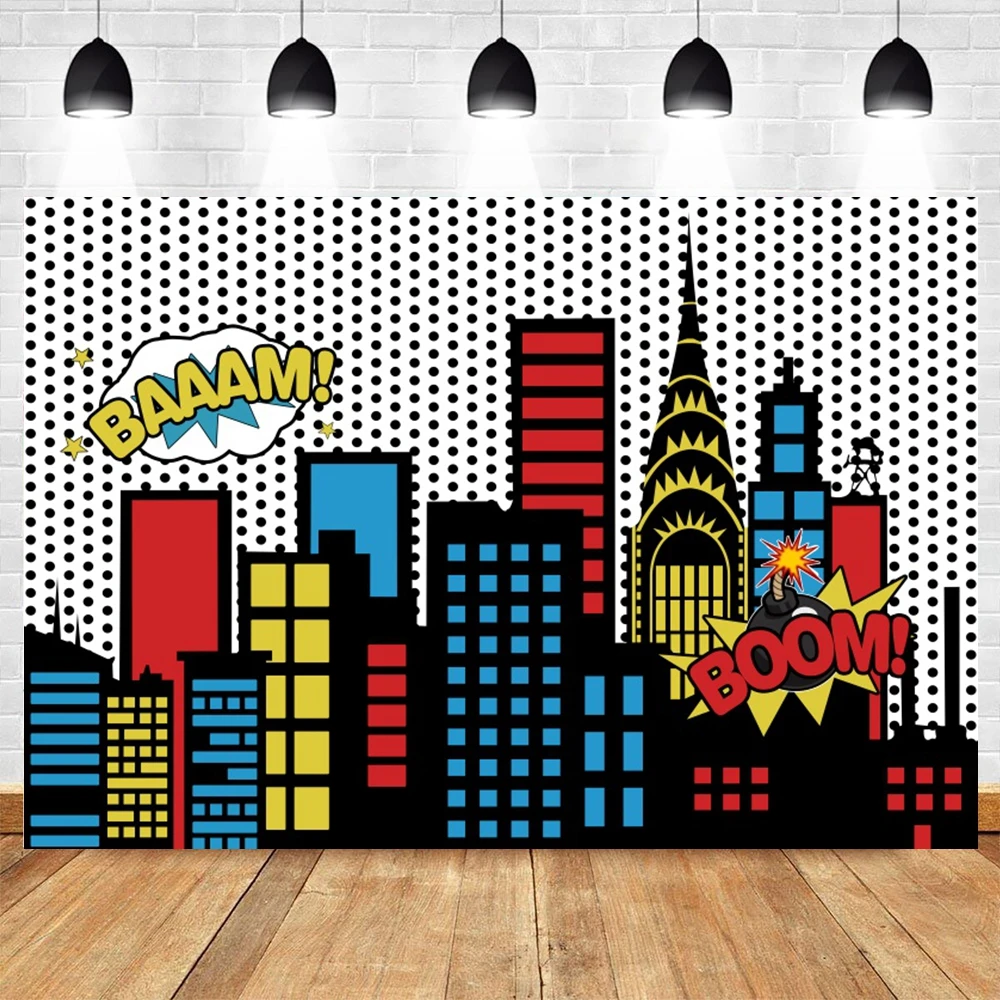 Superhero Baby Shower Birthday Backdrop City Building Super Hero Party Photography Background Photo Studio Custom Name Banner