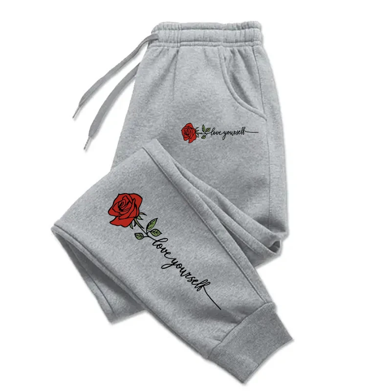 Pink Love Rose Printed Women\'s All-match Casual Pants Drawstring Pocket Comfortable Sportswear Pants