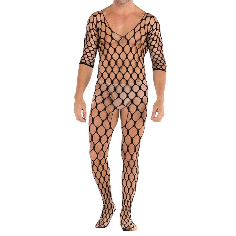 Men Sexy Tight Pantyhose See Through Body Stockings Bodysuit Underwear Jumpsuit Open Crotch Fishnet Bodystocking Gay Nightwear