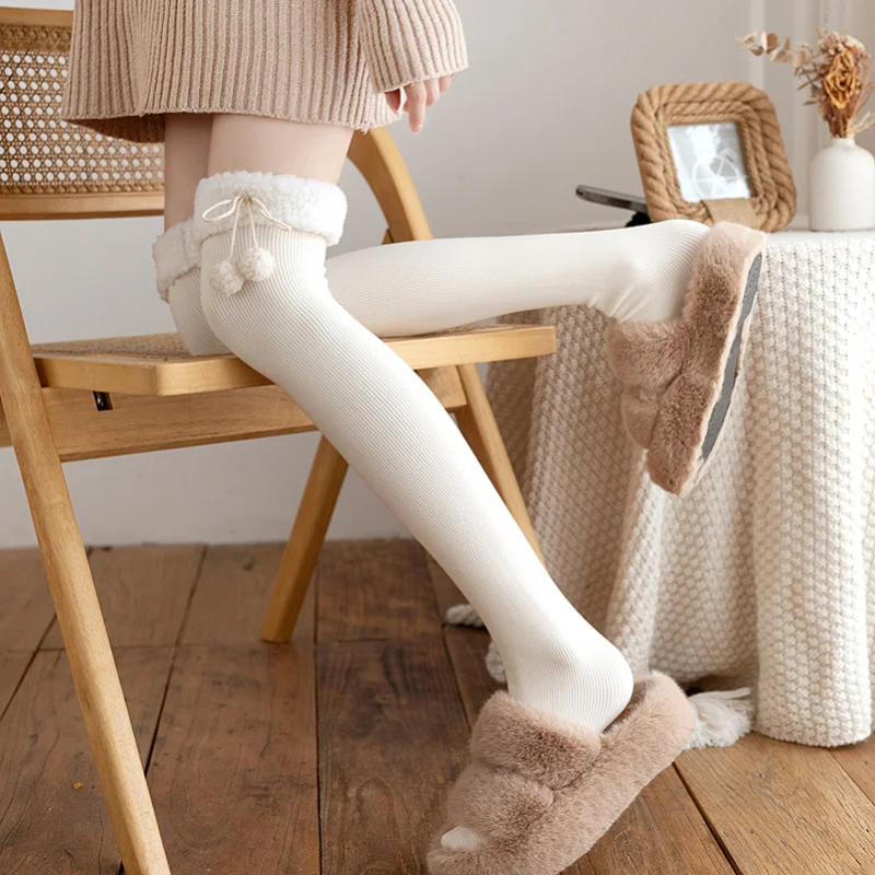 

Japanese Style Autumn Winter Brushed Fleece Vertical Striped Slimming Over-the-Knee High Socks Cute Lamb Wool Edge Pom-Pom Long