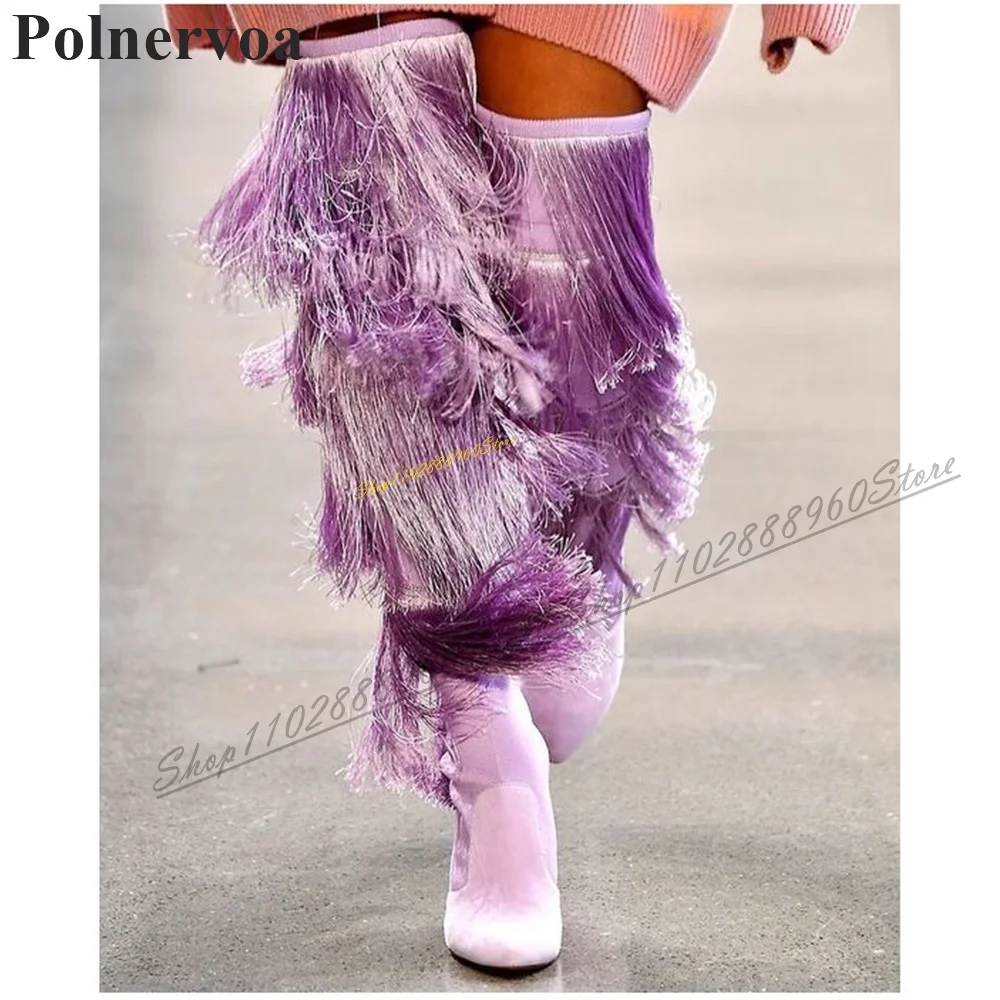 Runway Purple Suede Tassels Soft Boots Thin High Heel Shoes For Women Slip On Pointed Toe 2024 Fashionable Zapatos Para Mujere