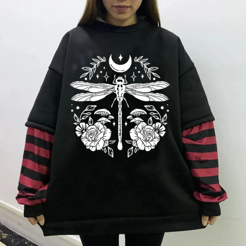 

Harajuku Street Creative Dragonfly Flowers Printing Oversized Sweatshirt Hip Hop Gothic Graphic Hoodies Women Y2k Streetwear Top