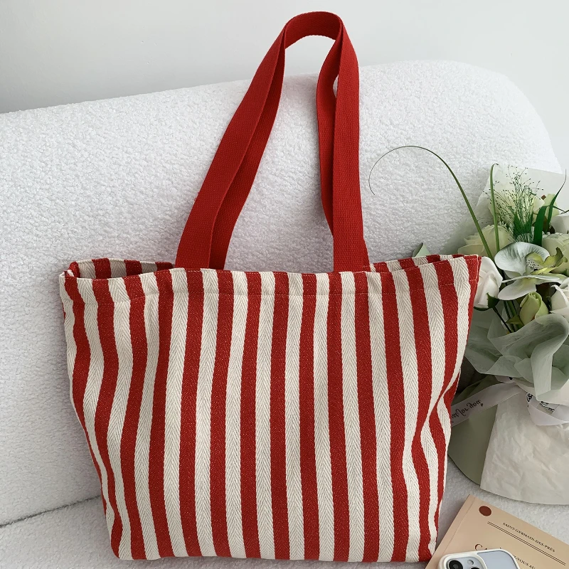Bolsos de hombro informales de lona a rayas simples para mujer, bolsos de mano de gran capacidad a la moda para mujer, bolsas de compras diarias para mujer