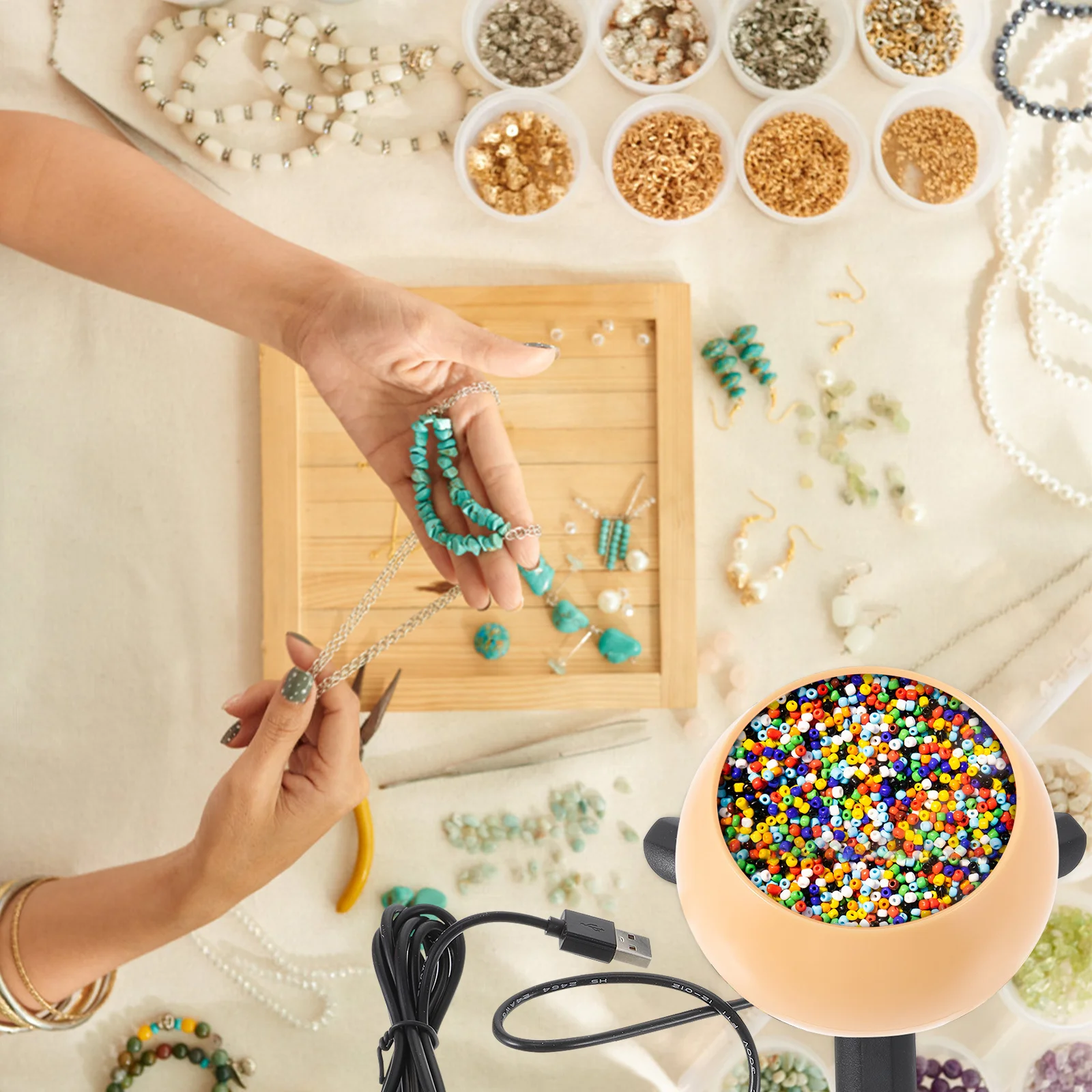 1 conjunto diy grânulo artesanato girador tigela usb elétrica máquina de miçangas conveniente ferramenta de carregamento para projetos de fabricação de jóias