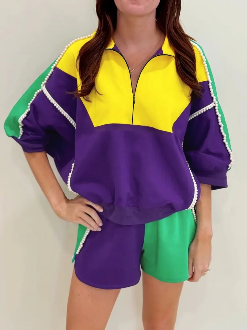 

Casual 2 Piece Set Color Patchwork Women Tracksuits Zipper Long Sleeve Pullover Sweatshirts Tops + Shorts Streetwear Suits