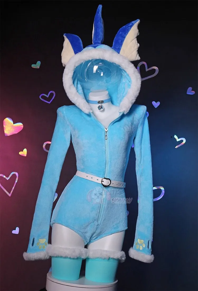 Anime Eevee Cosplay Costume Women Sexy Flannel Hooded Bodysuit Socks Suit Bunny Girl Cute Cartoon Plush Pajamas Jumpsuit Uniform