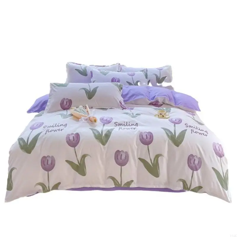 4 Piece Bed Sheet Set Washed Cotton Textiles Gentle Brushed Queen Size Duvet Cover Pillowcase Easy Maintenance Y4QC