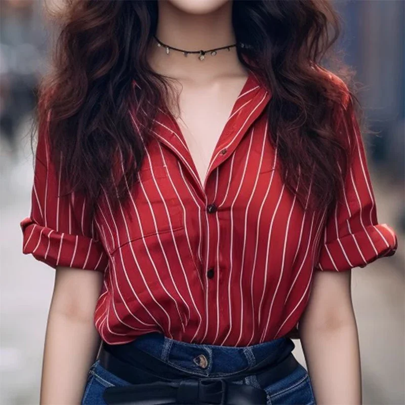 Summer New Red Short Sleeved Striped Color Block Commuting Slimming Shirt for Women\'s Loose Versatile Casual Trendy Chic Top