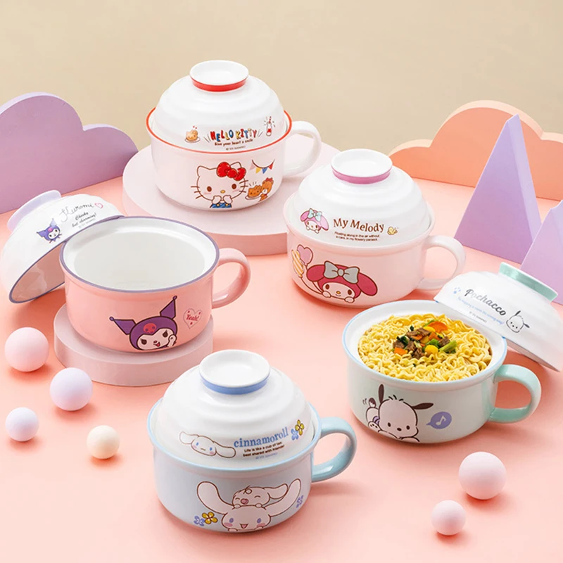 Sanrio Ceramic Foam Bowl Hello Kitty Y2K Kawaii Anime Kuromi My Melody Tableware Cute Cartoon Cinnamoroll Bowl with Lid Kid Gift