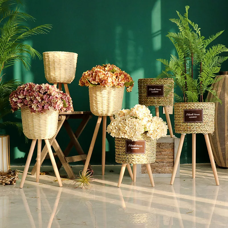 Style Straw Woven Flowerpot Wooden Floor Rattan