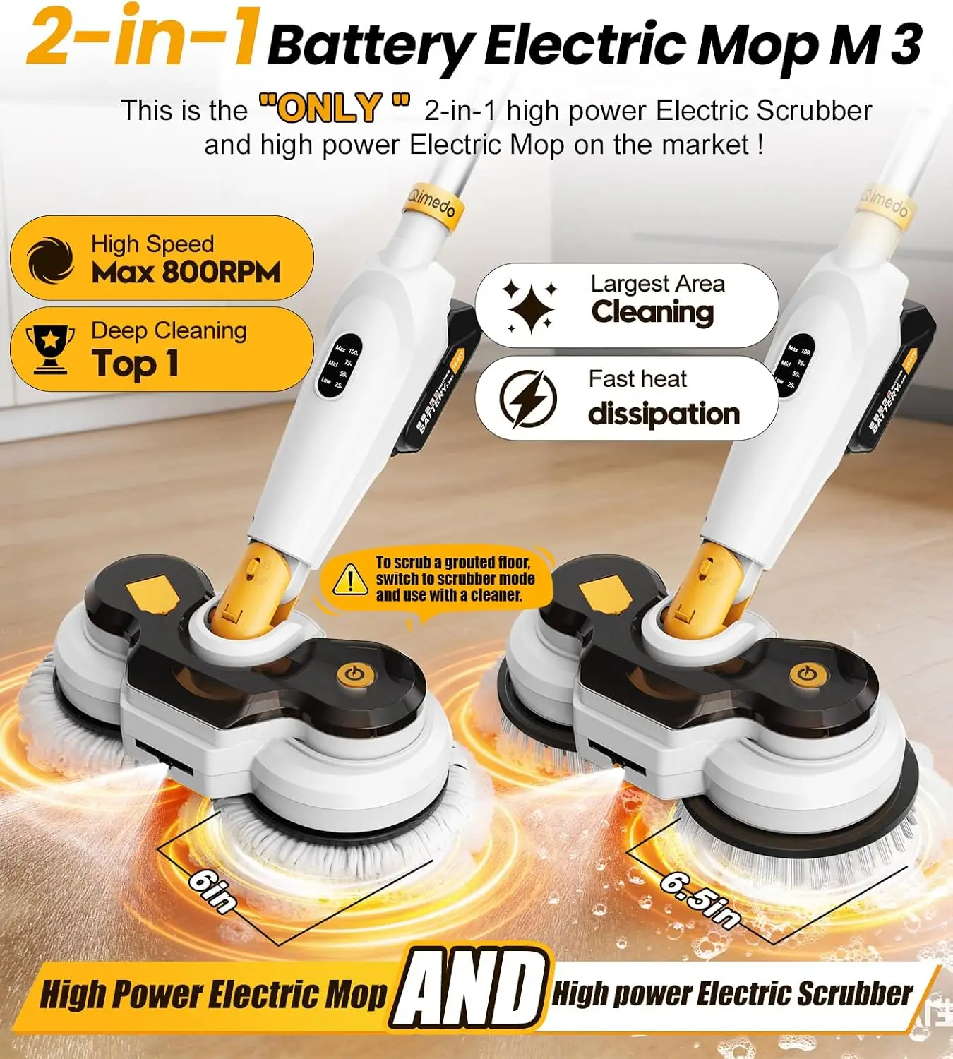 Cordless Electric Mop M3, 6000mah, 2-in-1 Floor Scrubber & Spin Mop