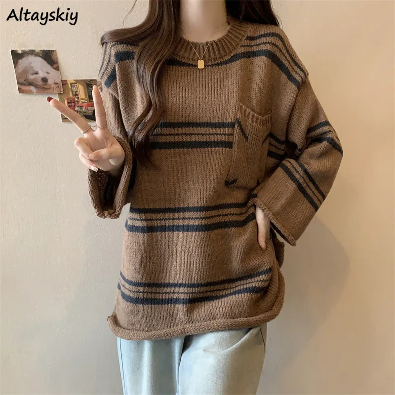 Thicken Pullovers Women Autumn Winter Keep Warm Korean Fashion Striped Casual Slouchy Y2k Sweater Gentle Harajuku Streetwear Ins