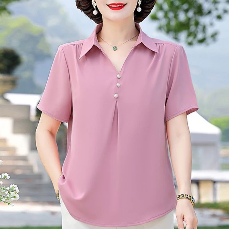 2024 Summer New Large Women\'s Short Sleeved Chiffon Shirt Fashionable Polo Collar Fashion Versatile Loose T-shirt Top for Women