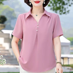 2024 Summer New Large Women's Short Sleeved Chiffon Shirt Fashionable Polo Collar Fashion Versatile Loose T-shirt Top for Women