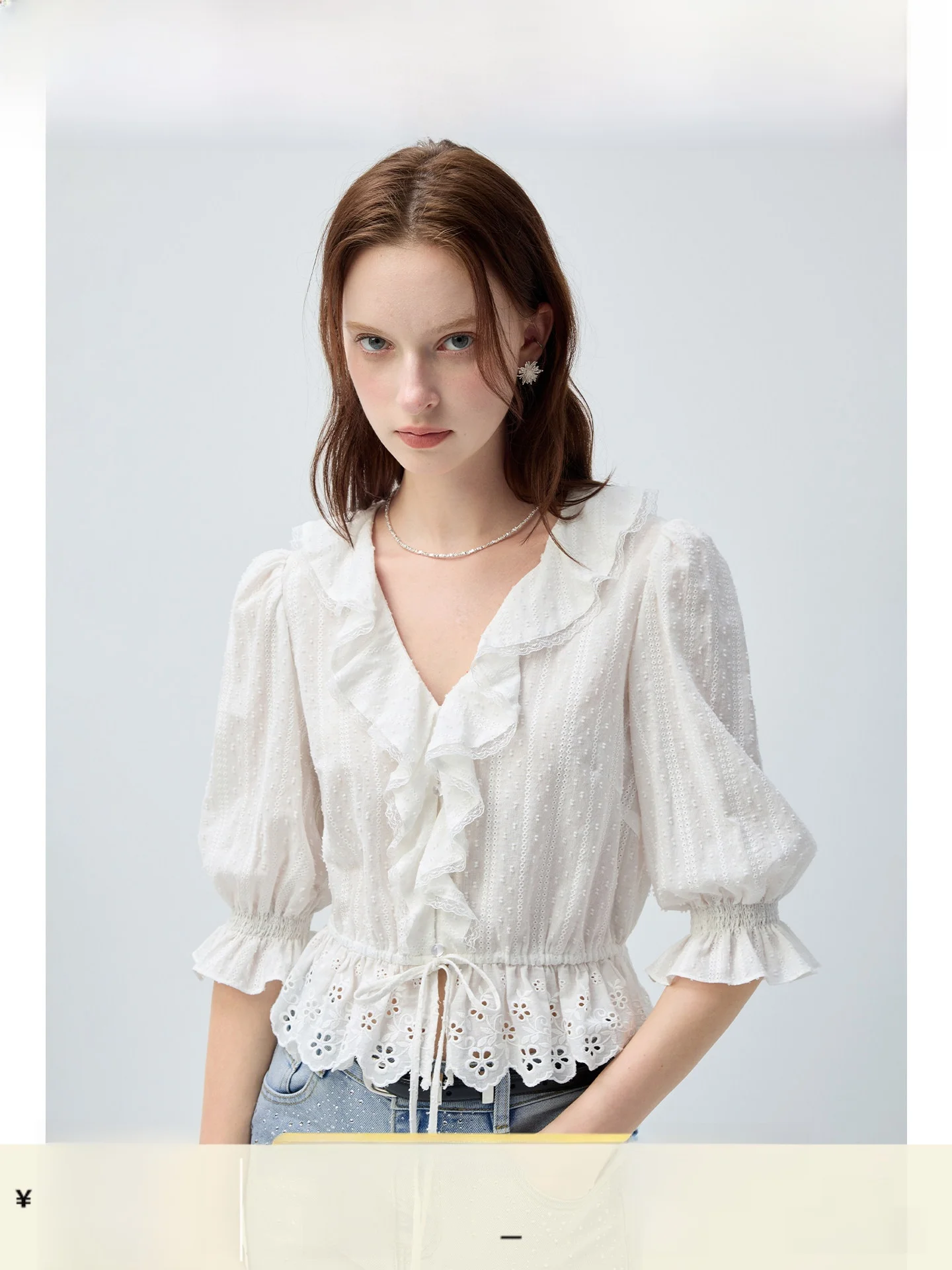 

plus Size Women's V-neck Lace Trim Shirt Slimming Summer Top Korean Style Breathable Skin-friendly Short Sleeve Bubble Sleeve