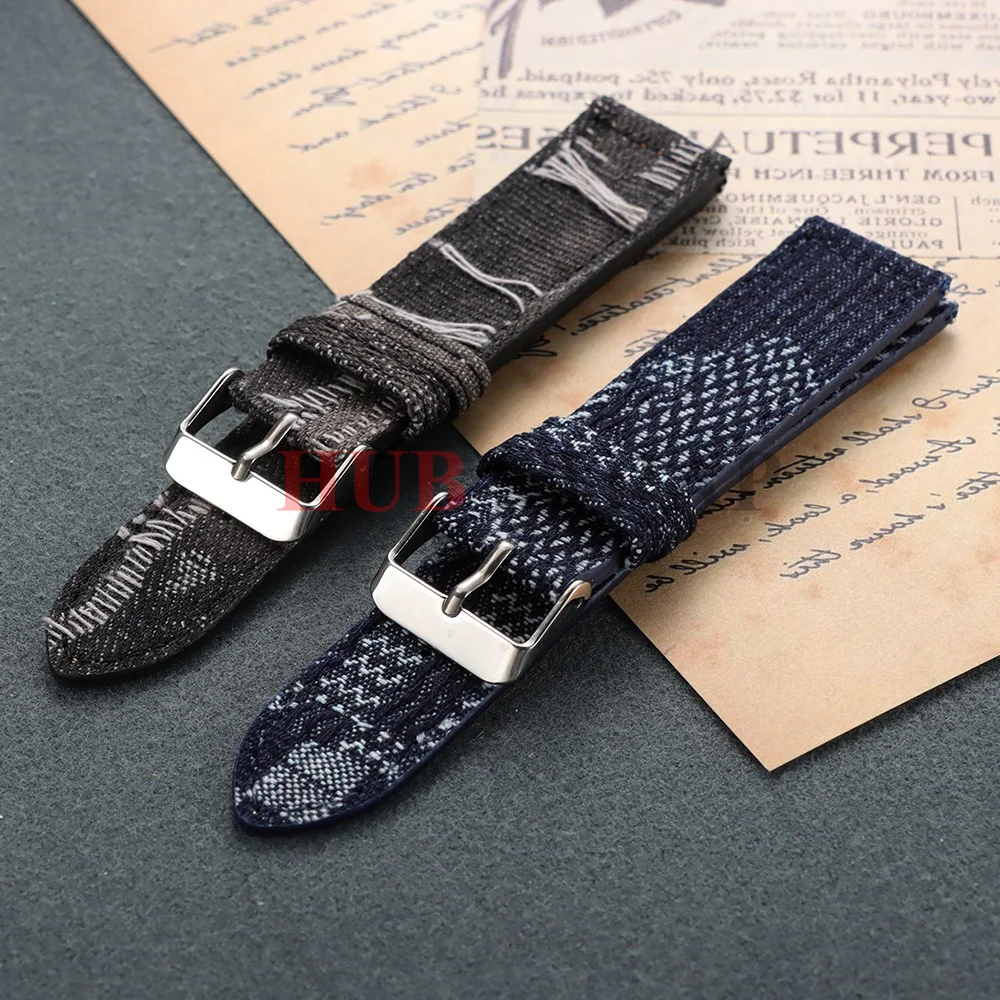 18mm 20mm 22mm Washed Denim Fabric Leather Watch Strap Quick Release Watch Band Universal Replacement Watchbands Black Blue Belt