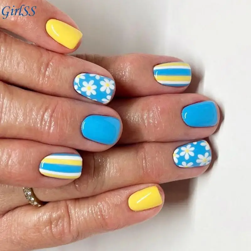 24 قطعة أظافر صناعية بلون سادة قصيرة مربعة الضغط على أظافر الزهور أظافر صناعية T4MB