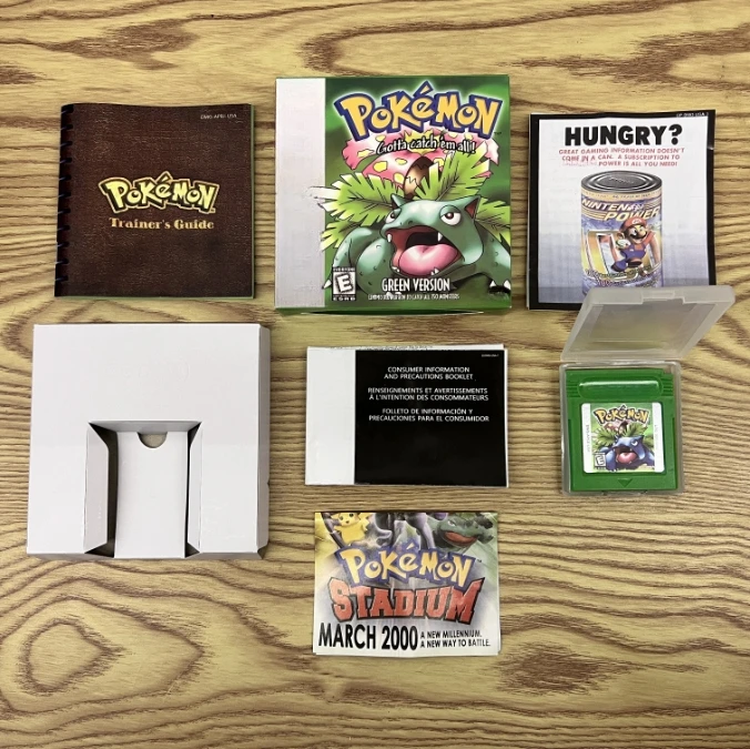 Pokemon Green GBC Game in Box for 16 Bit Video Game Cartridge Trainers Guide with Manuals Fan Made