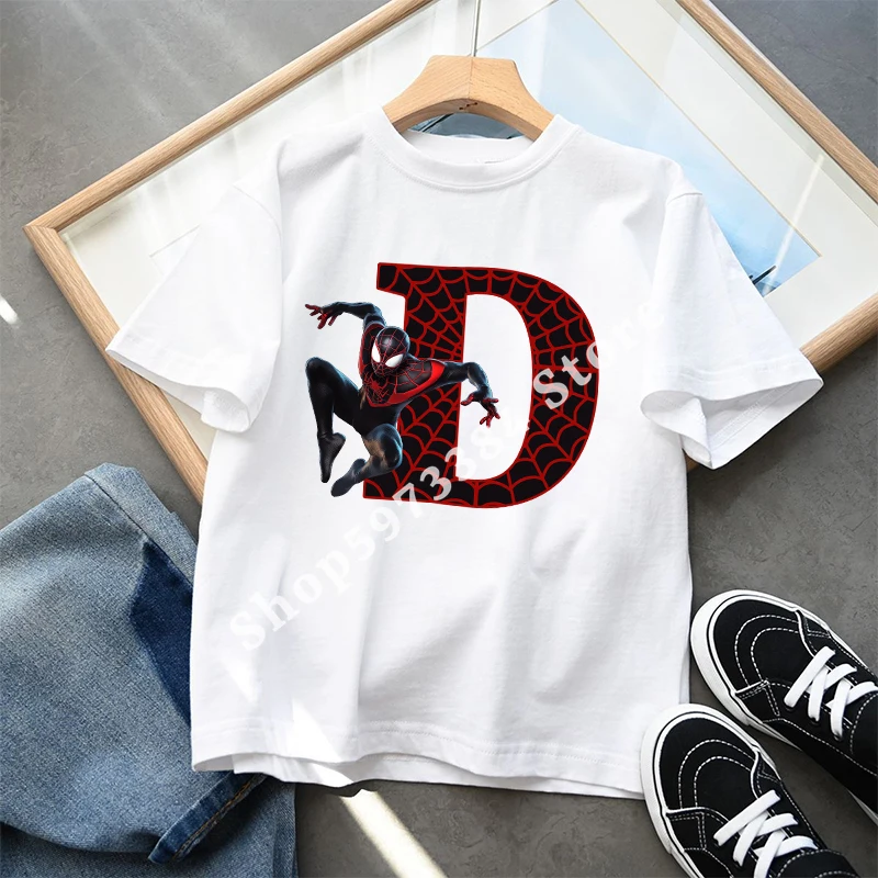 Marvels SpiderMans Miles Morales Boys T Shirt Letter Cotton Clothes Children Tops Summer Breathable Cute Short Sleeve Kids Gifts