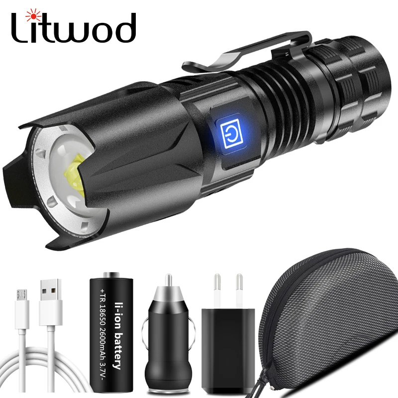 500000LM W308 Led Flashlight Super Bright Torch USB Rechargeable 18650 Battery Zoomable Aluminum Lantern Light Lamp For Camping