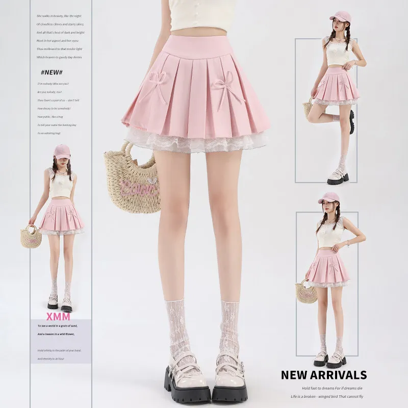 Pink Pleated Skirt for Women 2026 New High Waist Slimming Bow Lace Ruffle Trim Dopamine Style Short Half Skirt
