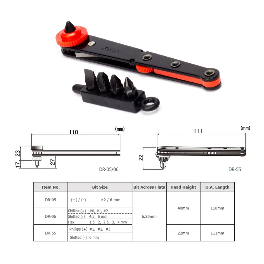 ENGINEER Compact Ratchet Screwdriver Set with Bits for Work in a Narrow Wpace, Quick Rotation Knob Wrench Driver Set Bit DR-05