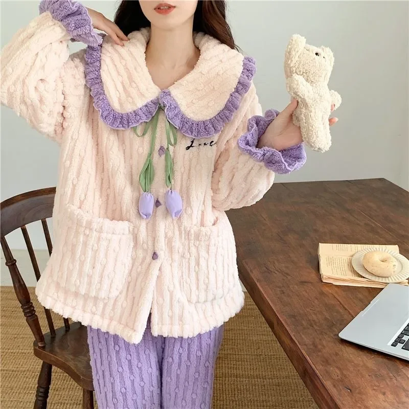 Lady New Autumn Winter Loungewear Suit Coral Plush Women Pajamas Thickening Sleep Clothes Famale Warm Homewear Set Girls Pijama