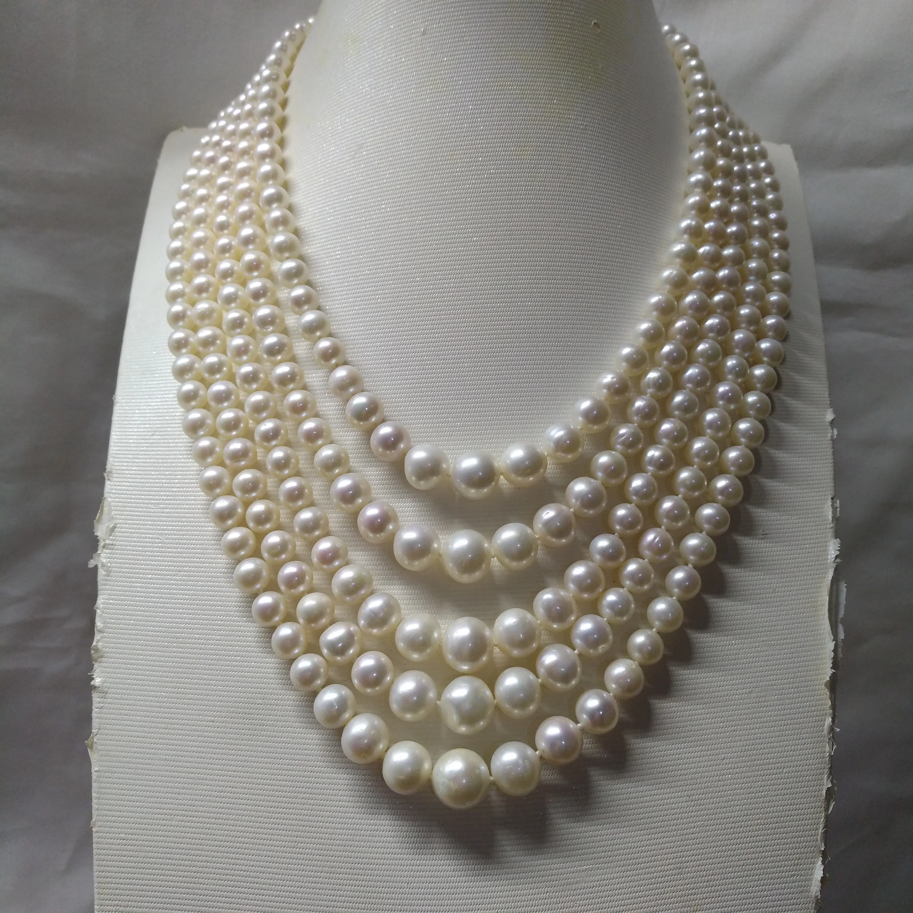 5 Five Rows 6-10mm South Sea White Round Real Pearl Necklace 18-22inch 45-55cm Free Shipping