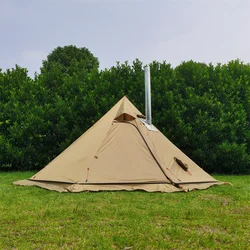 2 Types Lightweight Camping Pyramid Tent 210T Plaid 4 Season Winter Bushcraft Tent with Free Stove Jack Height 160cm Dia. 320cm