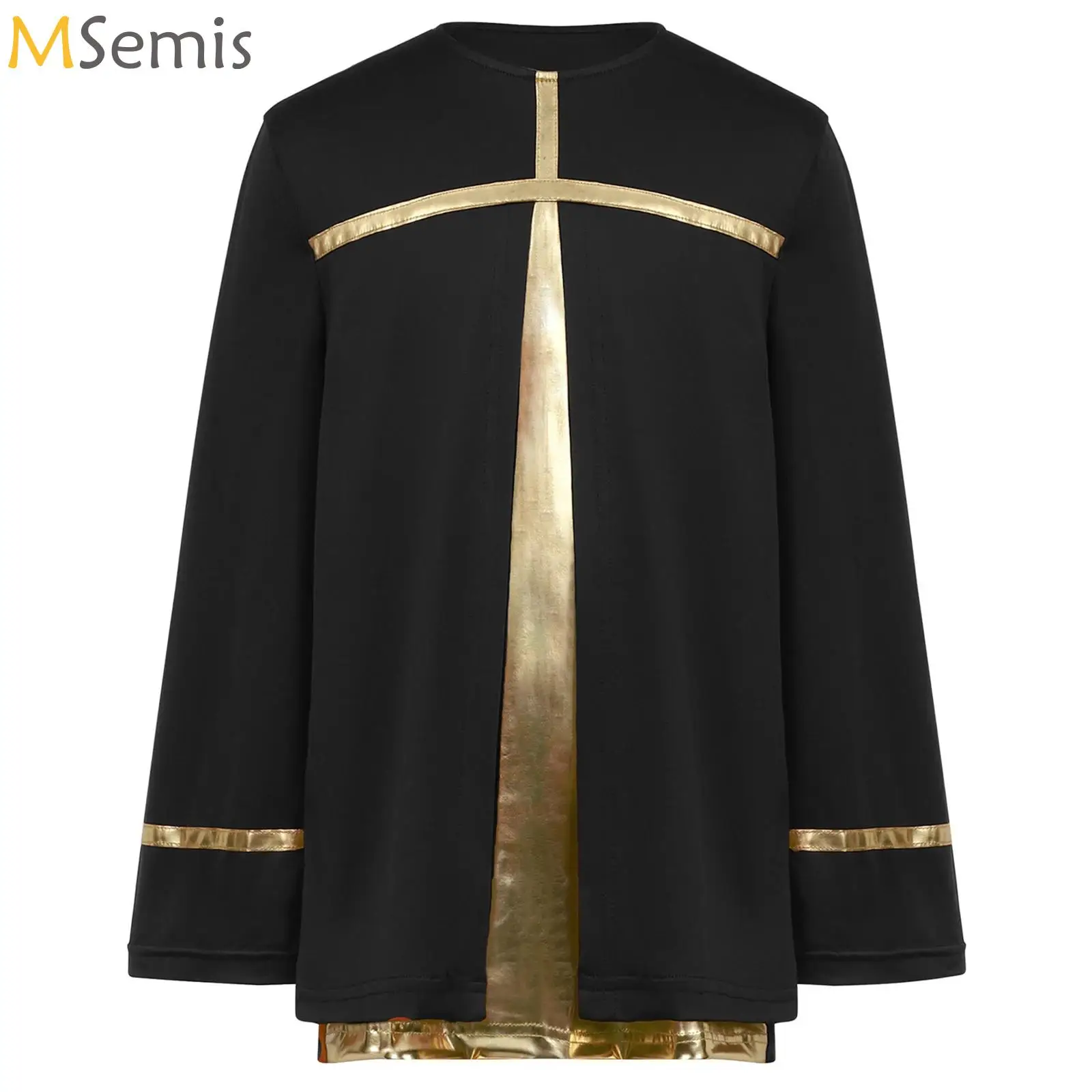 

Kids Boys Metallic Shiny Cross Liturgical Worship Dance Tops Long Sleeve Spiritual Celebration Priest Shirts for Festival Event