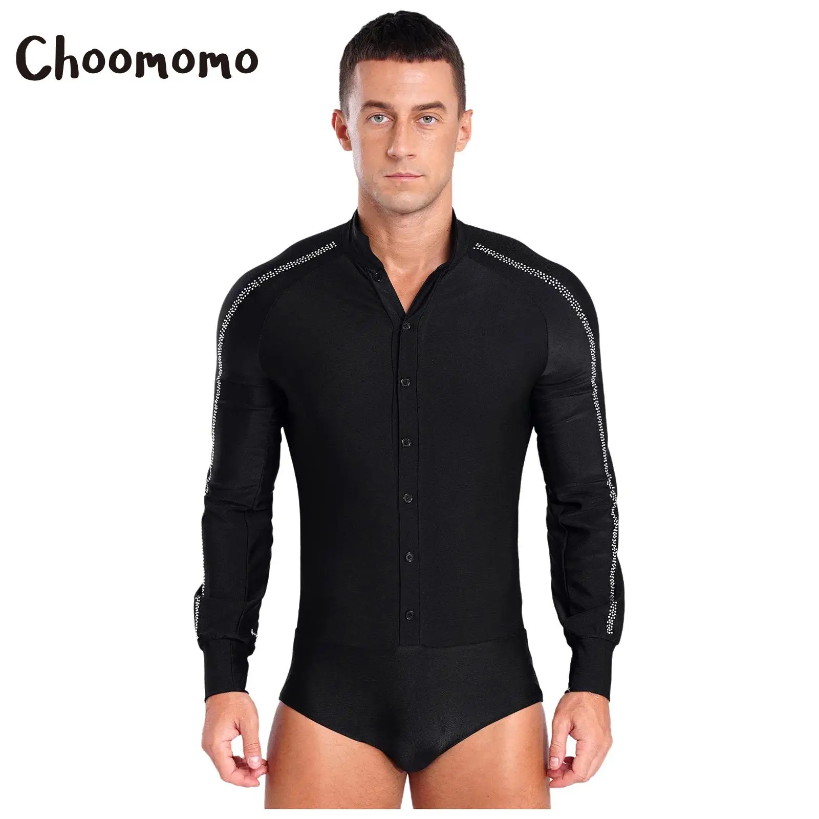 Mens Long Sleeve Button Down Latin Dance Shirt Leotard Bodysuit Ballroom Tango Rumba Salsa Performance Costume Dancewear