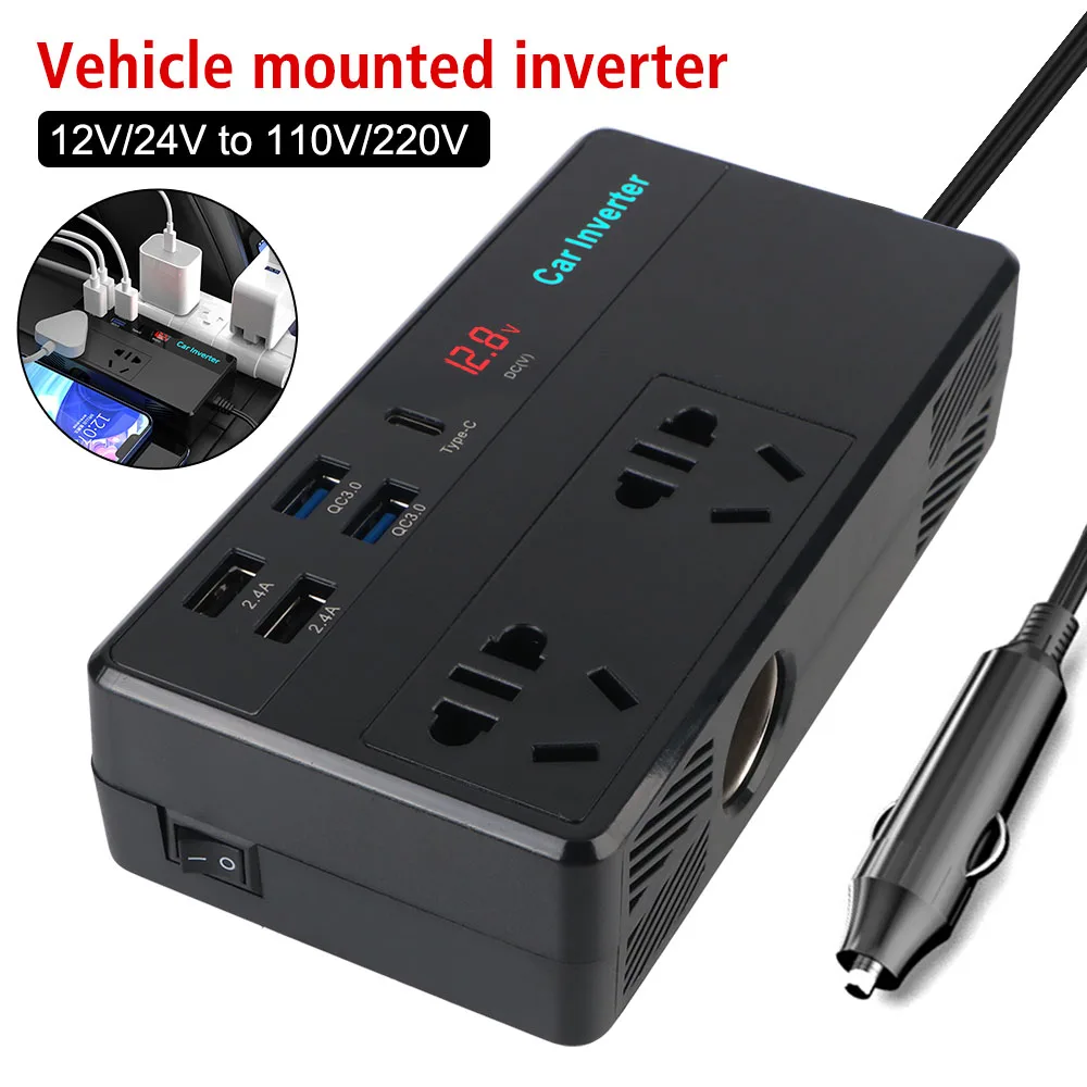 

200W RV Inverter 12V 24V Cigar Lighter Adapter 6+2 Ports Type-C USB Chargers AC Power Socket 110V 220V Power Converter Car Truck