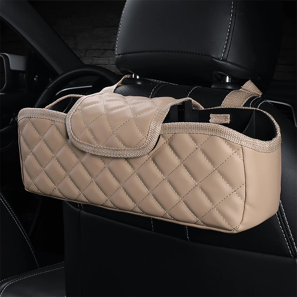 

Leather Car Headrest Backseat Organizer Headrest Hanging Storage Bag Car Backseat Organizer with Trash Can Tissue Storage