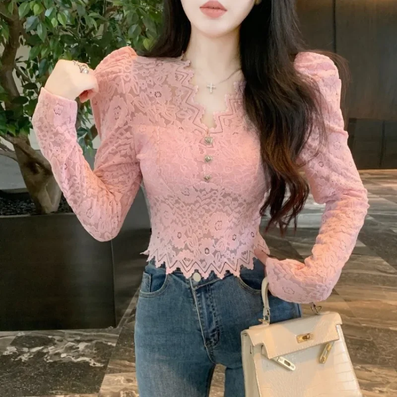 Ezgaga Fashion Shirts Women Puff Loong Sleeve V Neck Autumn Winter Slim Lace Patchwork Crop Tops Female Sexy Elegant Blouse