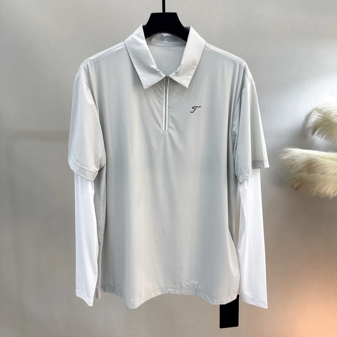 Men's Golf Long Sleeve Polo Shirt 2026 Summer New Korean Style Faux Two-Piece Design Ice Silk UV Protection Sporty Breathable