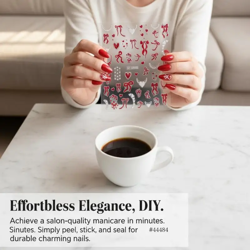 Aurora French Ribbon Heart Nail Stickers Pearl Love Chain Adhesive Nail Decals Valentine's Day Bows Manicure Sticker