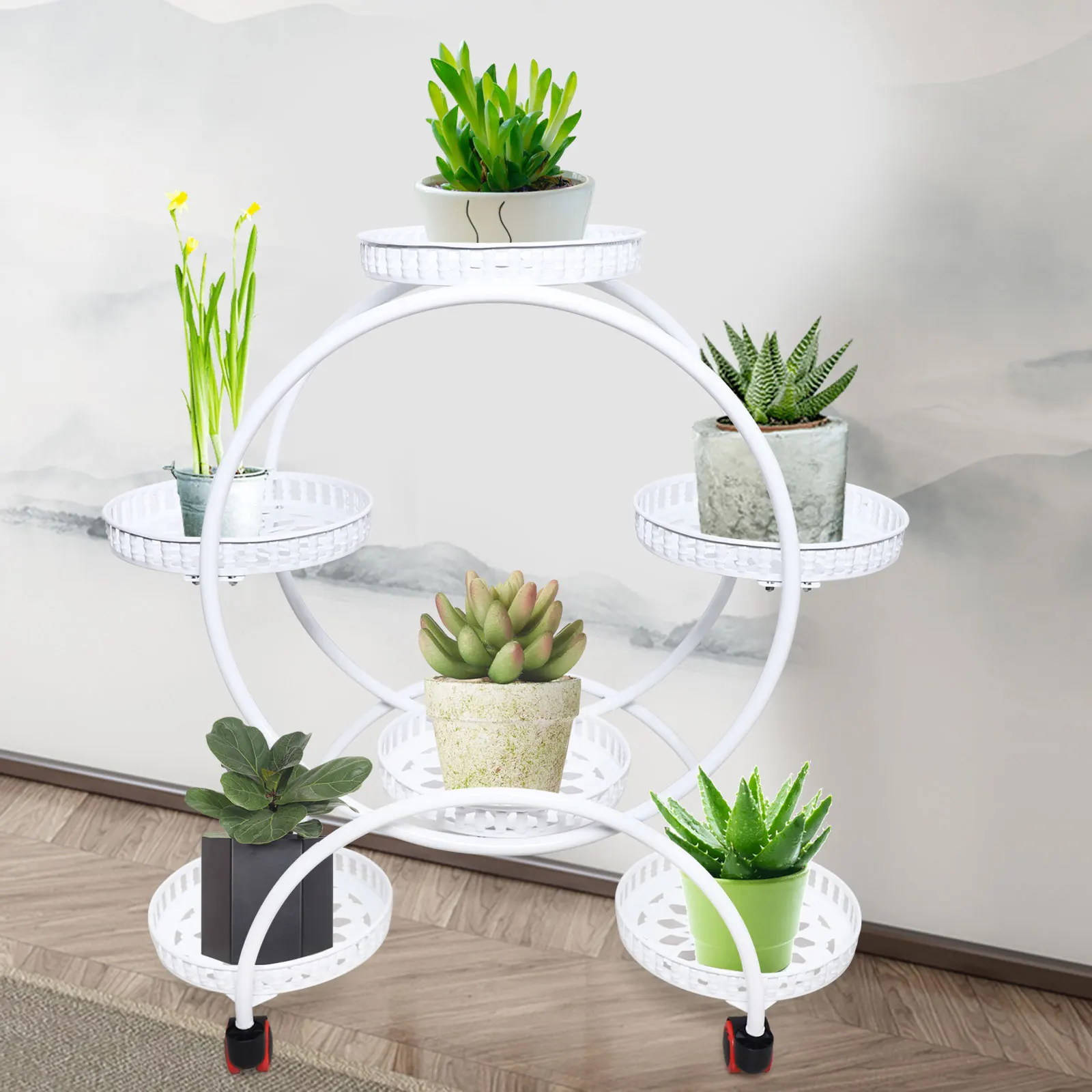 Metal Plant Stand para interior e exterior, Flower Rack com roda, varanda e quarto, 6 suportes em vasos