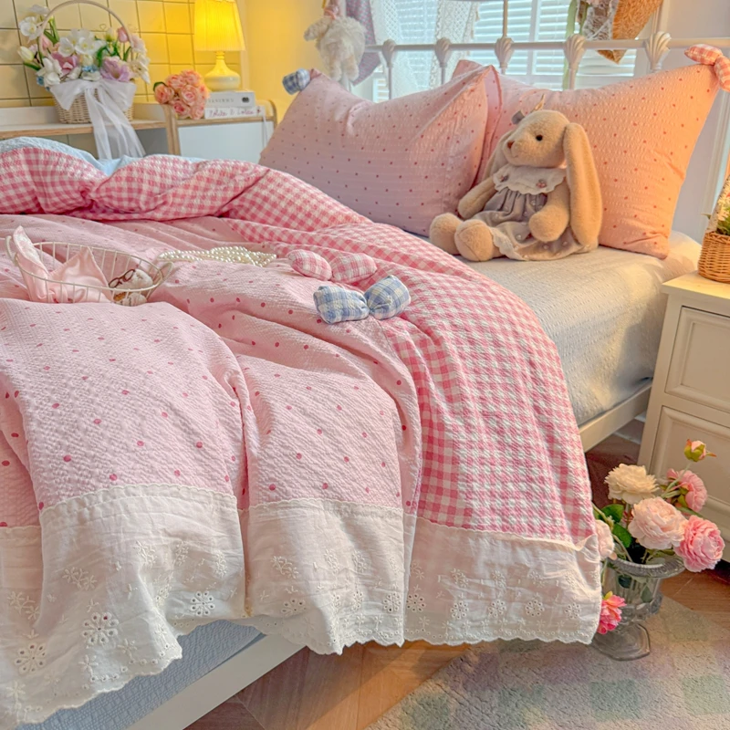 3/4Pcs Korean Princess Style Lace Bow Bedding Set Single Queen King Size Duvet Cover Set Bed Sheet Pillowcases