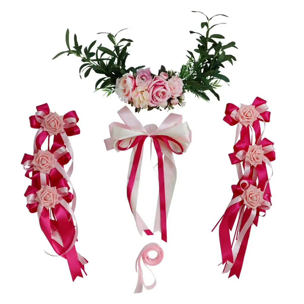 Silk Ribbon Wedding Car Decoration Bow and Flower Set Fabric Decor for Festive Ceremony Use