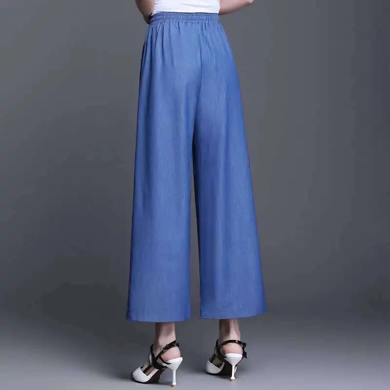 Summer Ankle-length Wide Leg Pants Elastic Waist Imitation Denim Straight Trousers Women Oversize Baggy Thin Ice Silk Pantalones